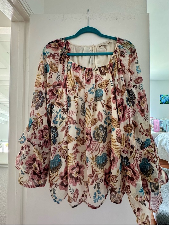 LOFT Tops - LOFT Cream Floral Peasant Blouse with Teal & Mauve Accents